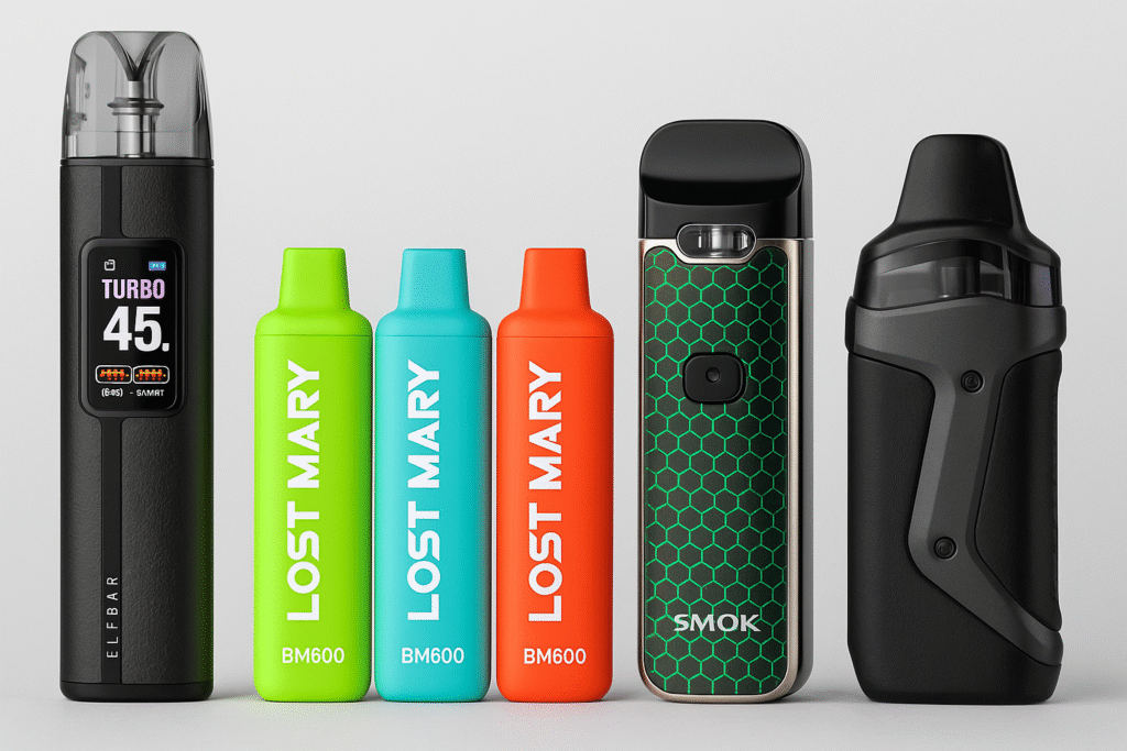 Five premium vape pod kits including Elfbar ELFX Pro, Lost Mary BM600, Smok Nord, Vaporesso XROS, and GeekVape Aegis displayed together.