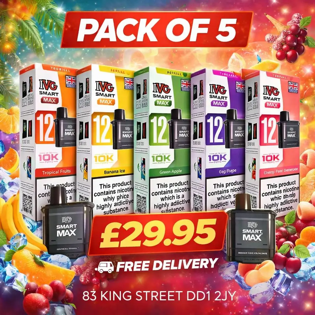 Shop IVG Smart Max Pods Pack of 5 for £29.95 with FREE delivery. Prefilled vape pods with smooth flavour. Order online or visit Underworld Vapes Dundee.